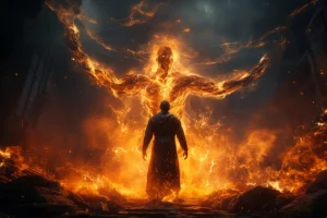 Stăpânul Iadului – siluetă întunecată înconjurată de flăcări, simbolizând lupta cu umbrele interioare și dorința de transformare.