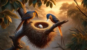 Două păsări privind un ou într-un cuib gol, simbolizând infertilitatea și dorința de a deveni părinți.