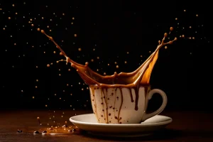 Explozie de cafea într-o ceașcă – reprezentare simbolică a legăturii dintre cofeină și anxietate.